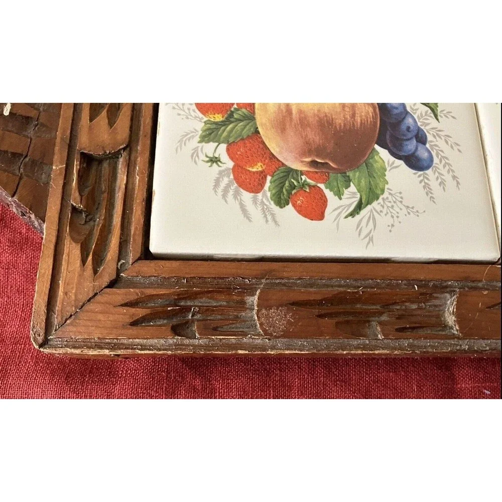 Vintage '70s Dal-Tile Carved Wooden Serving Tray with Ceramic Fruit Tiles Trivet
